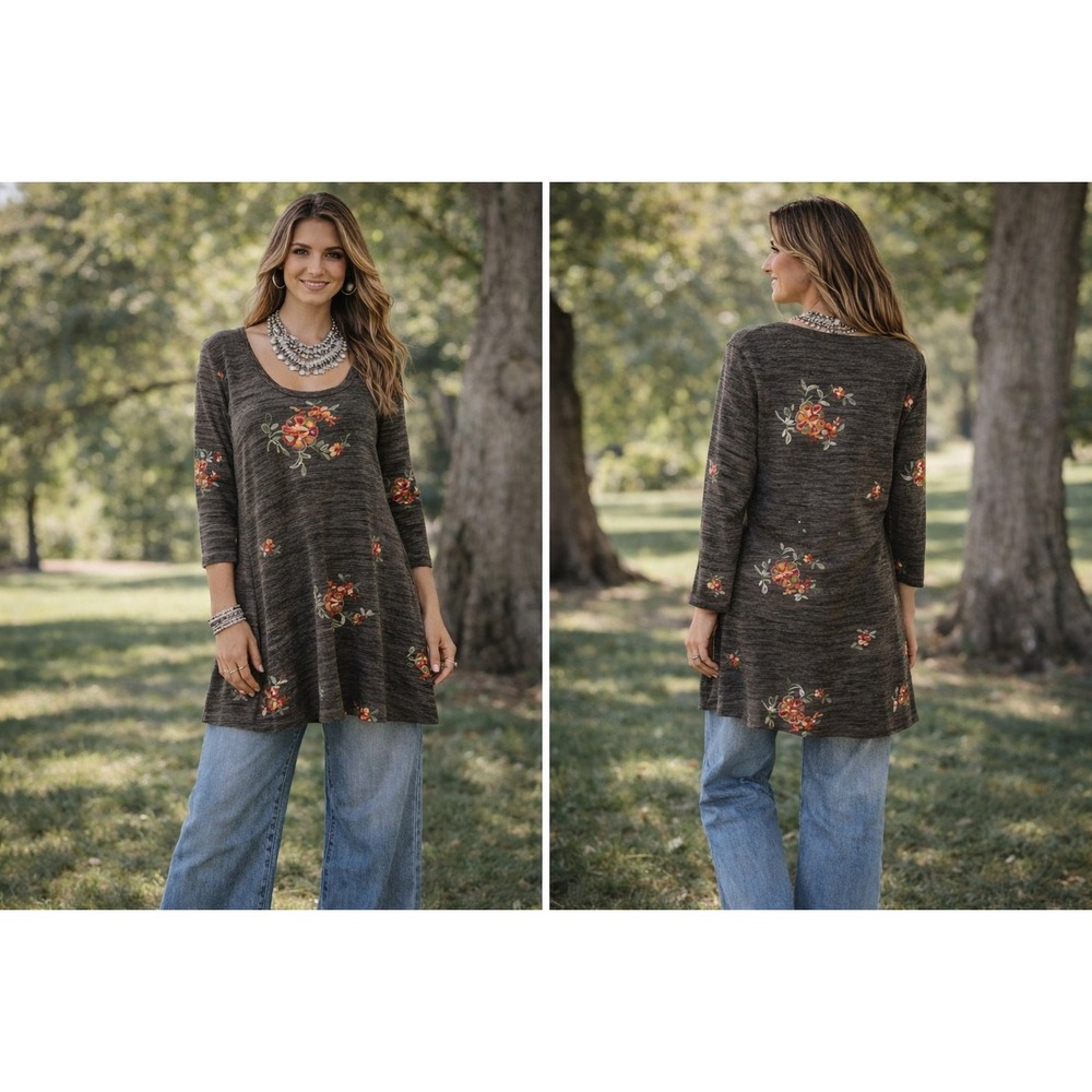 Figueroa & Flower Gray Boho Chic Fairy Floral Embroidered Tunic Top Medium